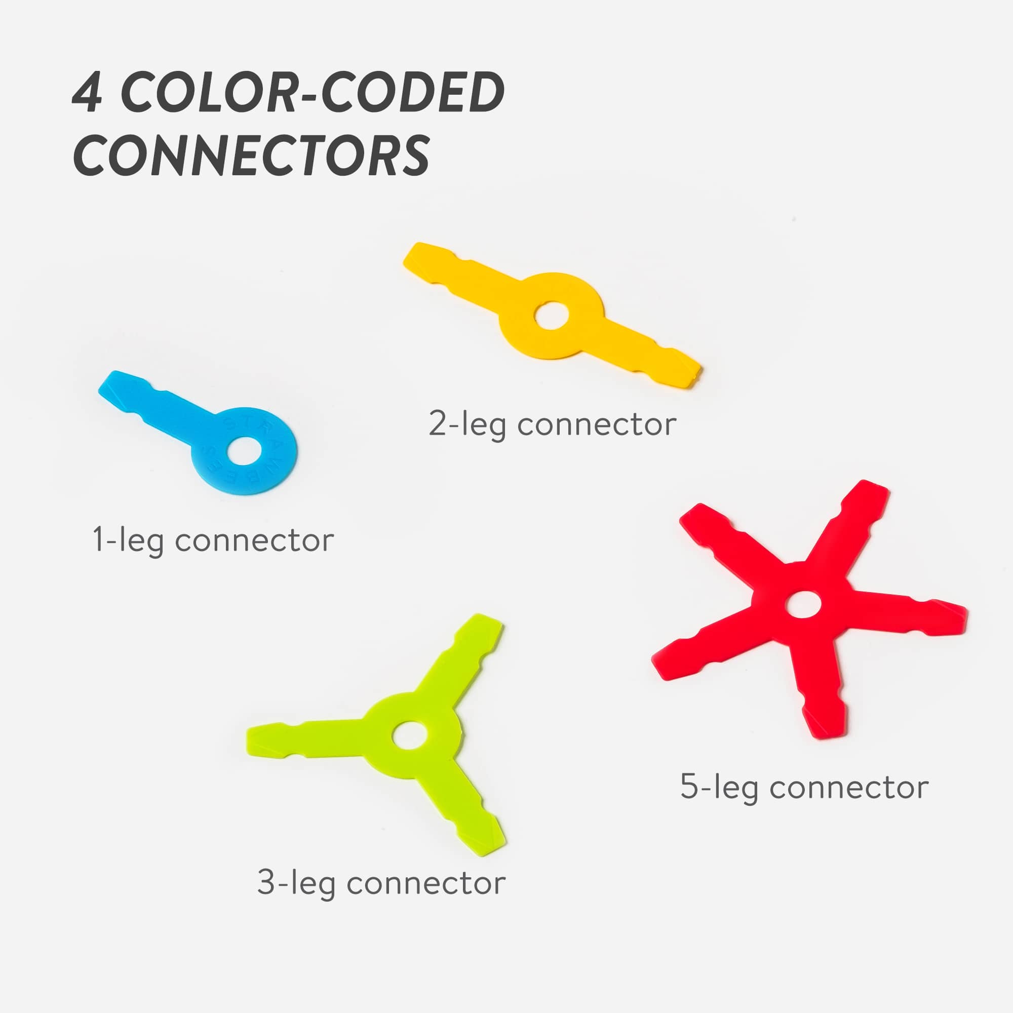 A visual display of all available Strawbees connectors from 1 to 5 legs in different colors.